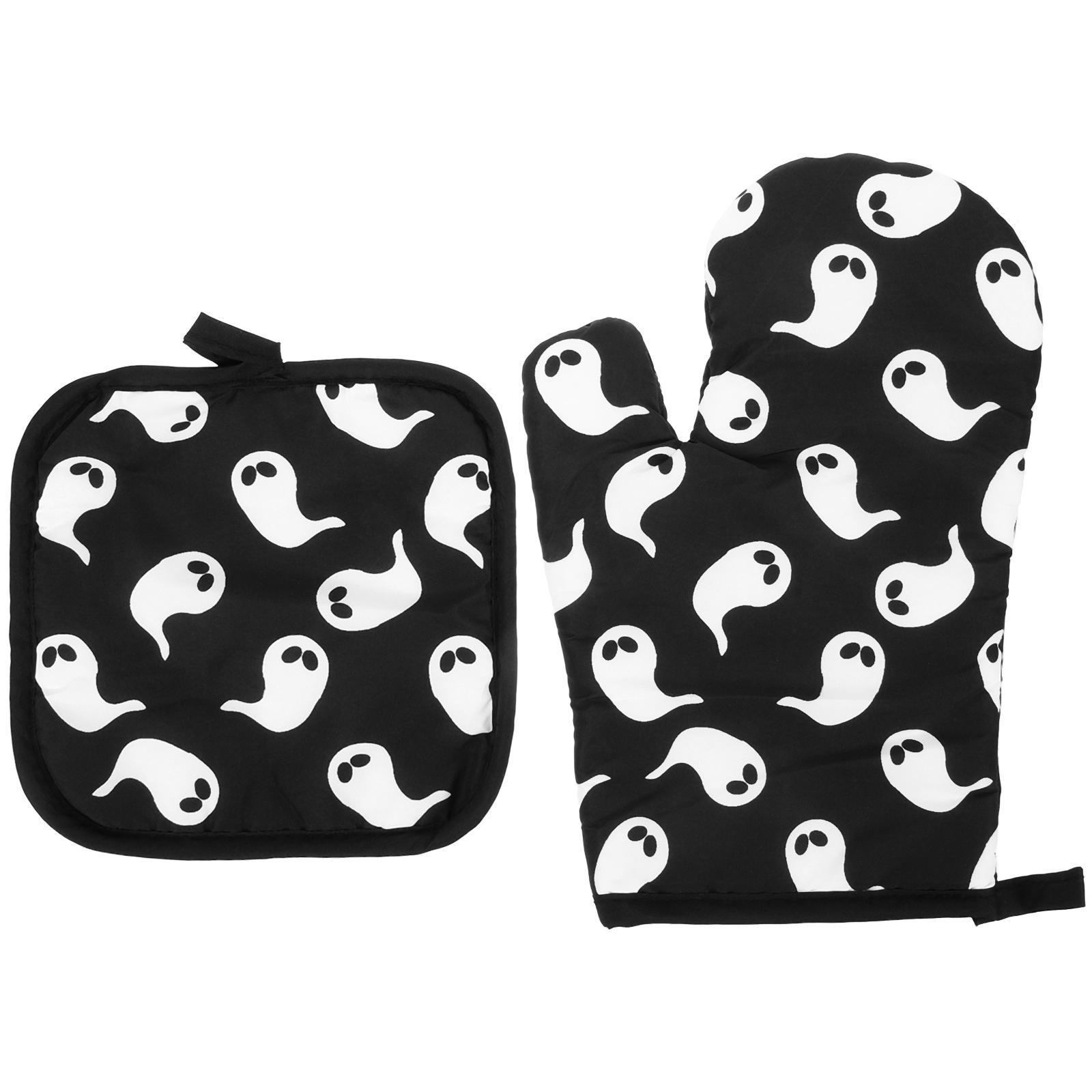 

2 шт. перчатки для микроволновой печи на Хэллоуин, прихватки для кастрюли, полиэстеровая ткань с принтом, термостойкая чёрный