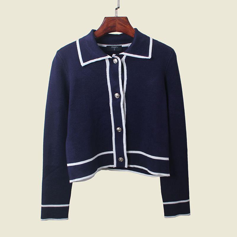 American Card Polo Collar Color Matching Early Autumn Cardigan Classic Style Lapel Single Breasted Long Sleeve Knitted Coat