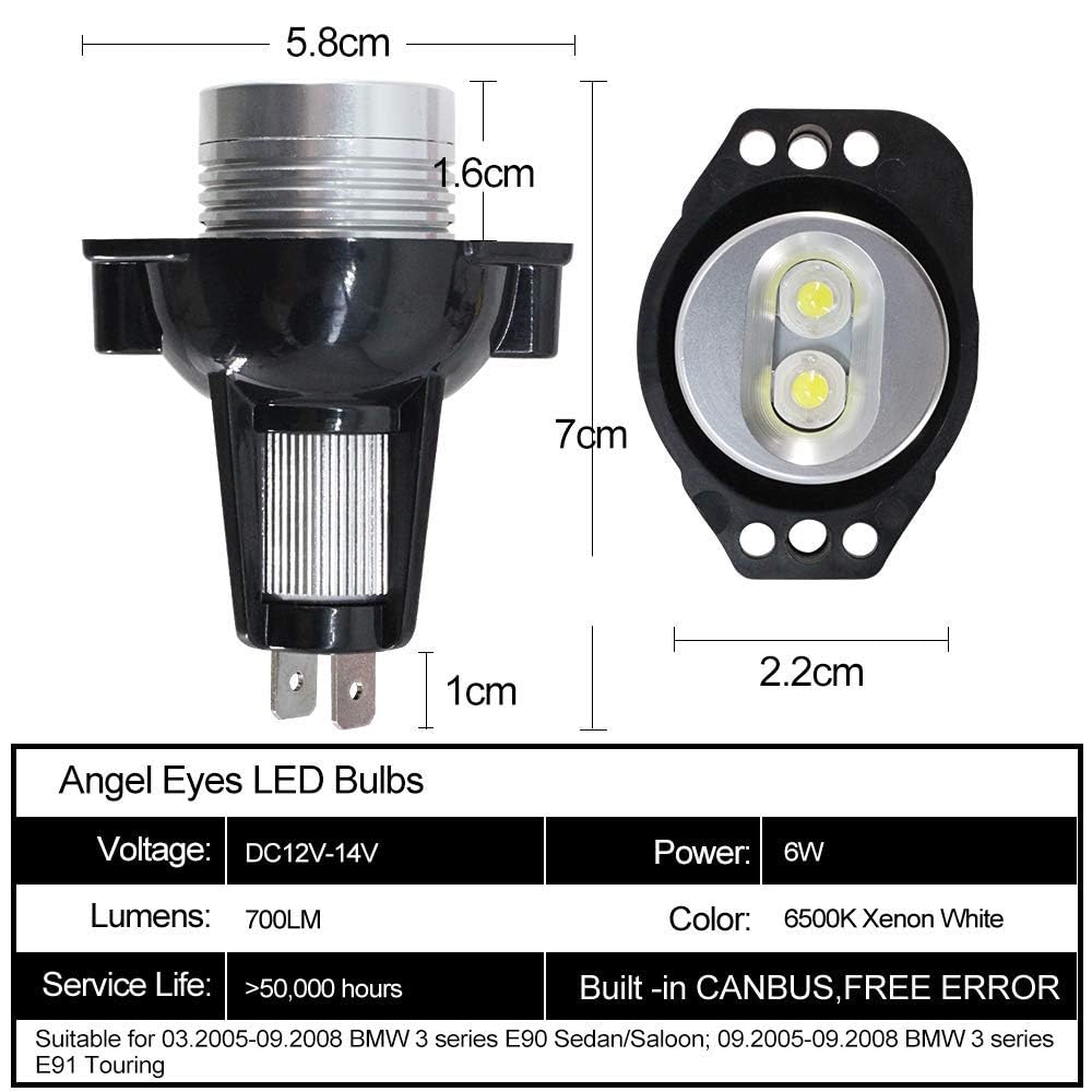Angel Eye Headlight Compatible with BMW 3 Series and E91 models with Warning Light X-STYLE Bulbs, (E90 (pre-facelift) (pre-facelift) 2005-2008), 6W,