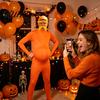 Effen Kleur Kostuum Oranje Volledig Bodysuit voor Kinderen Volwassenen, met Buik, Gele Snor & Wenkbrauwen, Rekbaar Zentai Pak Mannen Vrouwen Open Gezicht Pak,