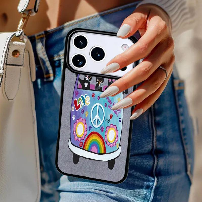 Hippy Peace Bus Cat Phone Case For iPhone 17 Air 14 15 13 12 Max Cover For Apple 14 15 16 16e 11 Pro Max Plus