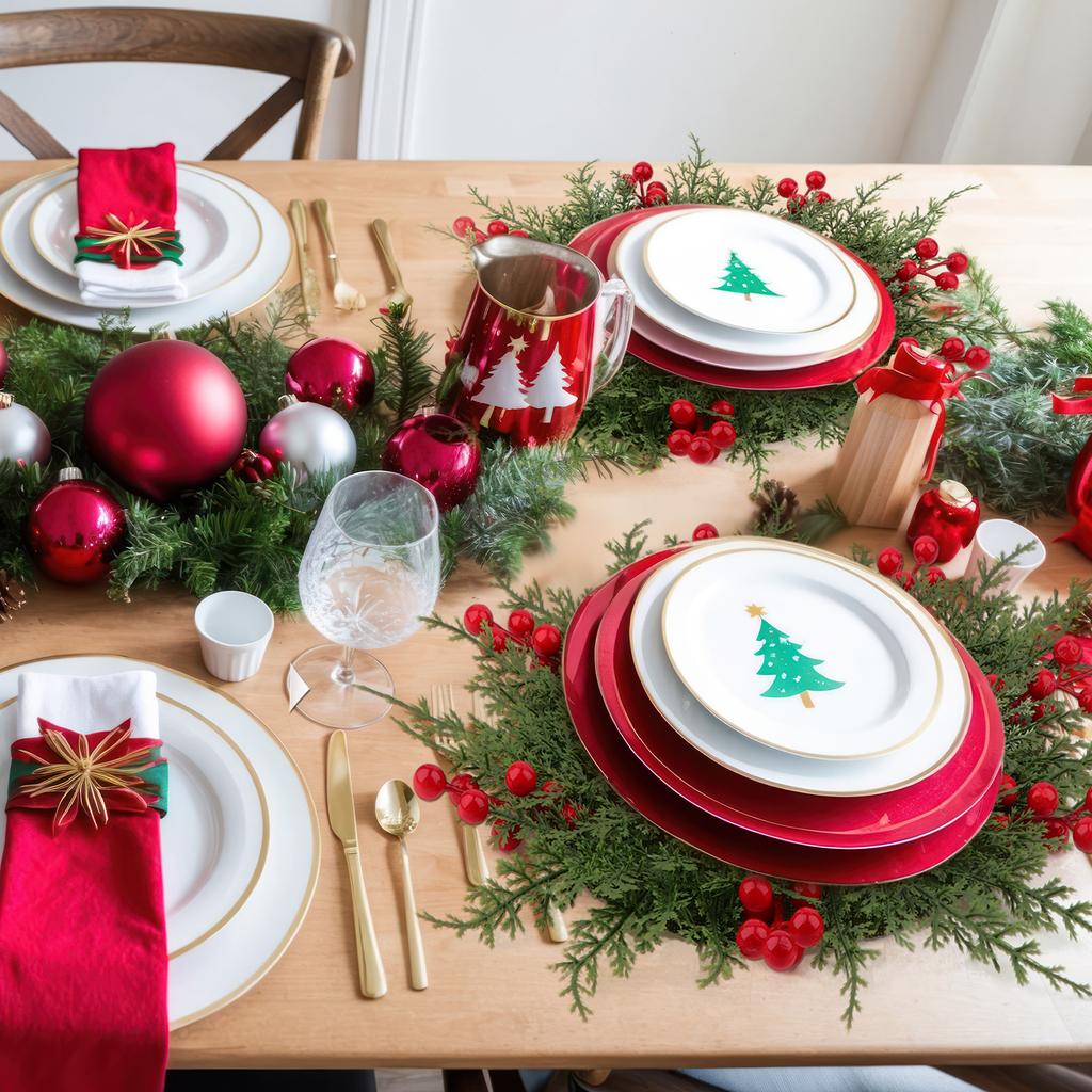 6 Pcs 15.75 Inch Christmas Greenery Placemats Artificial Winter Pine Placemat Pinecone With Red Berries Cedar Branch Place Mat D