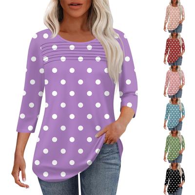 Women's Fashion Round Neck Pleated Front Placket Print 3/4 Sleeve Top