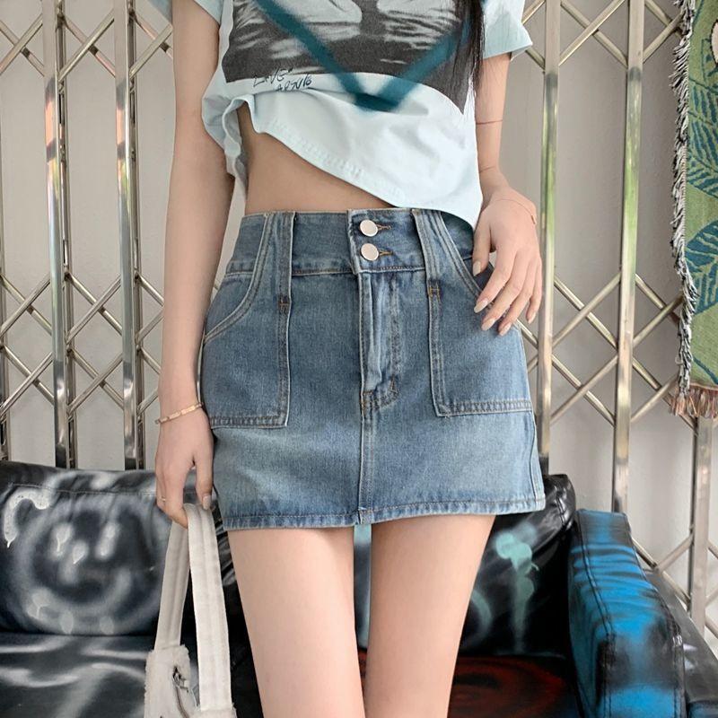 Klassischer Vielseitiger Halbkörperrock Doppel-Schnallen-Design Hochtailliert A-Linie Retro Paket Hüfte Kurzer Rock Hose Damen Sommer Mode Denim Kurzer Rock