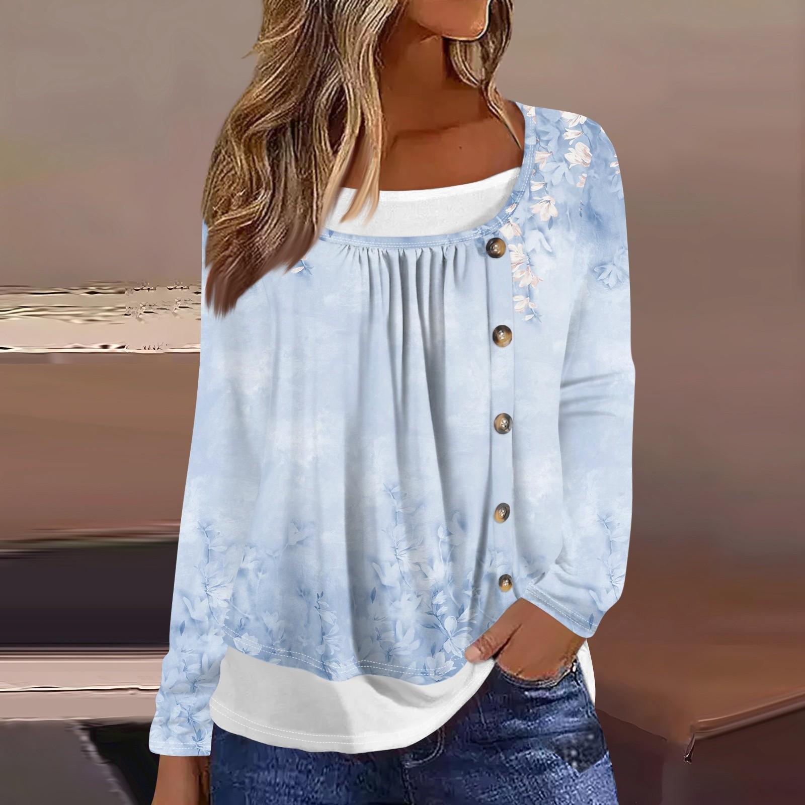 

Женская футболка с принтом, длинный рукав, поддельные две части, повседневная мода на выходные, базовый обычный топ XL небесно-голубой