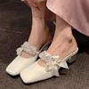 Summer High-heeled Bag Head Half Slippers Women's New Outer Wear Bow Mary Jane Thick Heel Square Head Niche Half Drag