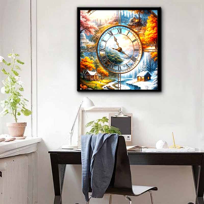 Novinka 5D DIY Celokruhová diamantová malba „Ilustrace krajiny s hodinami“ Vyšívání Křížkový steh Domácí dekorace Dárek