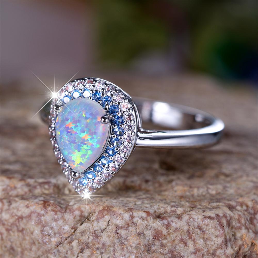 Romantic Love Engagement Ring White Fire Opal Heart Stone Rings For Women Blue Zircon Wedding Bands  Color Fashion Jewelry