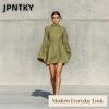 JPNTKY Fashion Summer Spring Solid Color Print Long Sleeve  O-Neck Casual Dresses