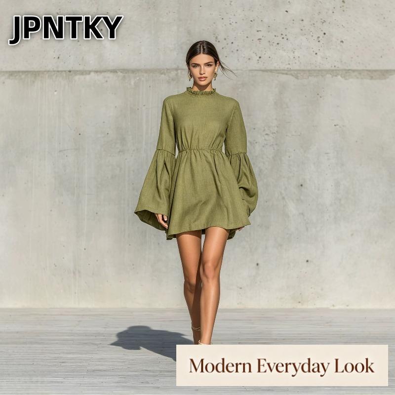 JPNTKY Fashion Summer Spring Solid Color Print Long Sleeve O-Neck Casual Dresses