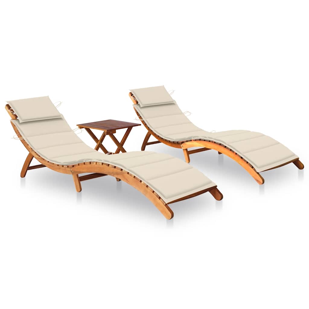 2 Piece Sun Lounger Set with Table and Cushions Solid Acacia Wood