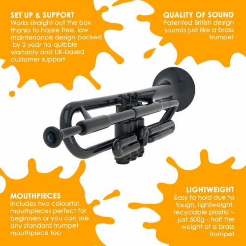 pInstruments pTrumpet Bb Plastic Wind Instrument, Made of Lightweight and Durable ABS with Bio-Coated Antibacterial Coating, Black, PTRUMPET1BLK, Incl