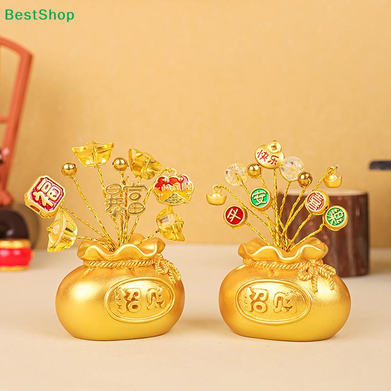 Feng Shui Gold Money Bag Ornaments - Fortune Tree Desktop Decoration for Home Office