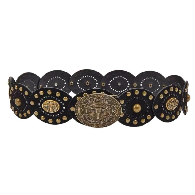 Chinese Style Round Cake Waist Belt Practical PU Leather Adjustable Belt Matching Belt for Jeans Dress and Skirts