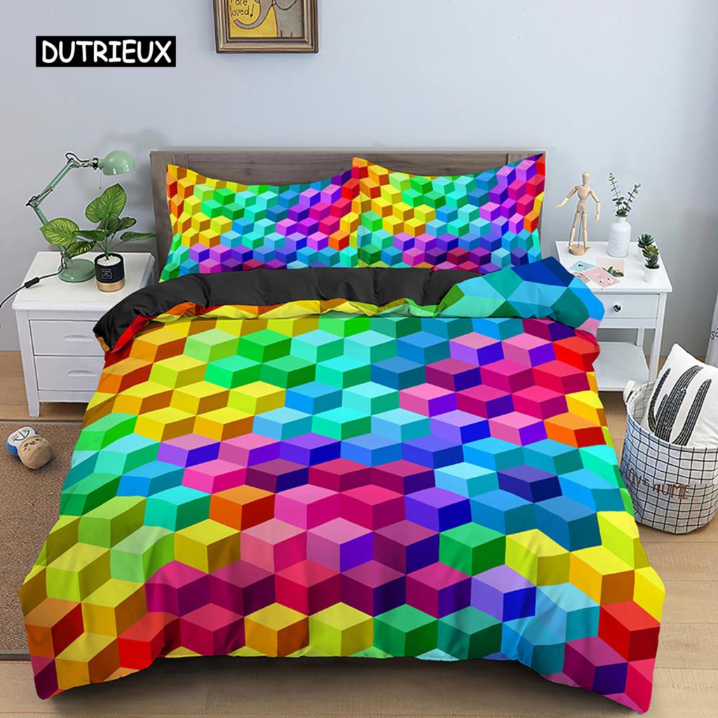 Multicolor Duvet Cover Set Colorful Hearts Queen Size Bedding Set for Teen Microfiber Geometric Cartoon Love Heart Quilt Cover