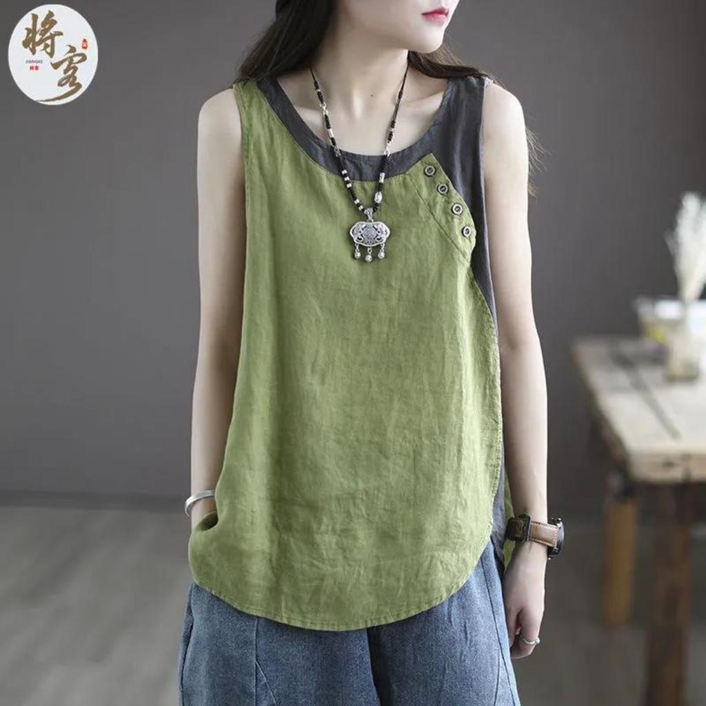Women's Round Neck Sleeveless Linen Cotton Loose Tank Top Retro Casual Vest