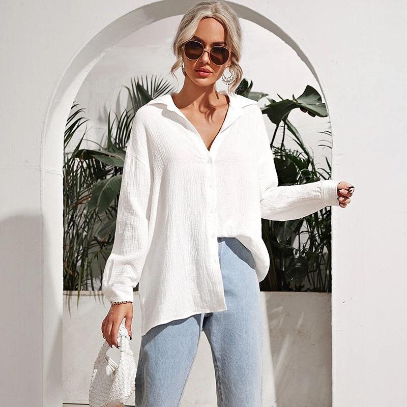 

Женская весна-лето французская блузка с длинным рукавом, однотонная, универсальная, рубашка, топ L белый