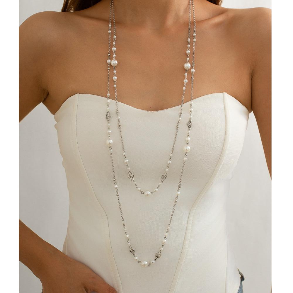 

2Pcs/Set Double Layers Imitation Pearl Necklace Long Chain Sweater Chain Personalized Trend Style2