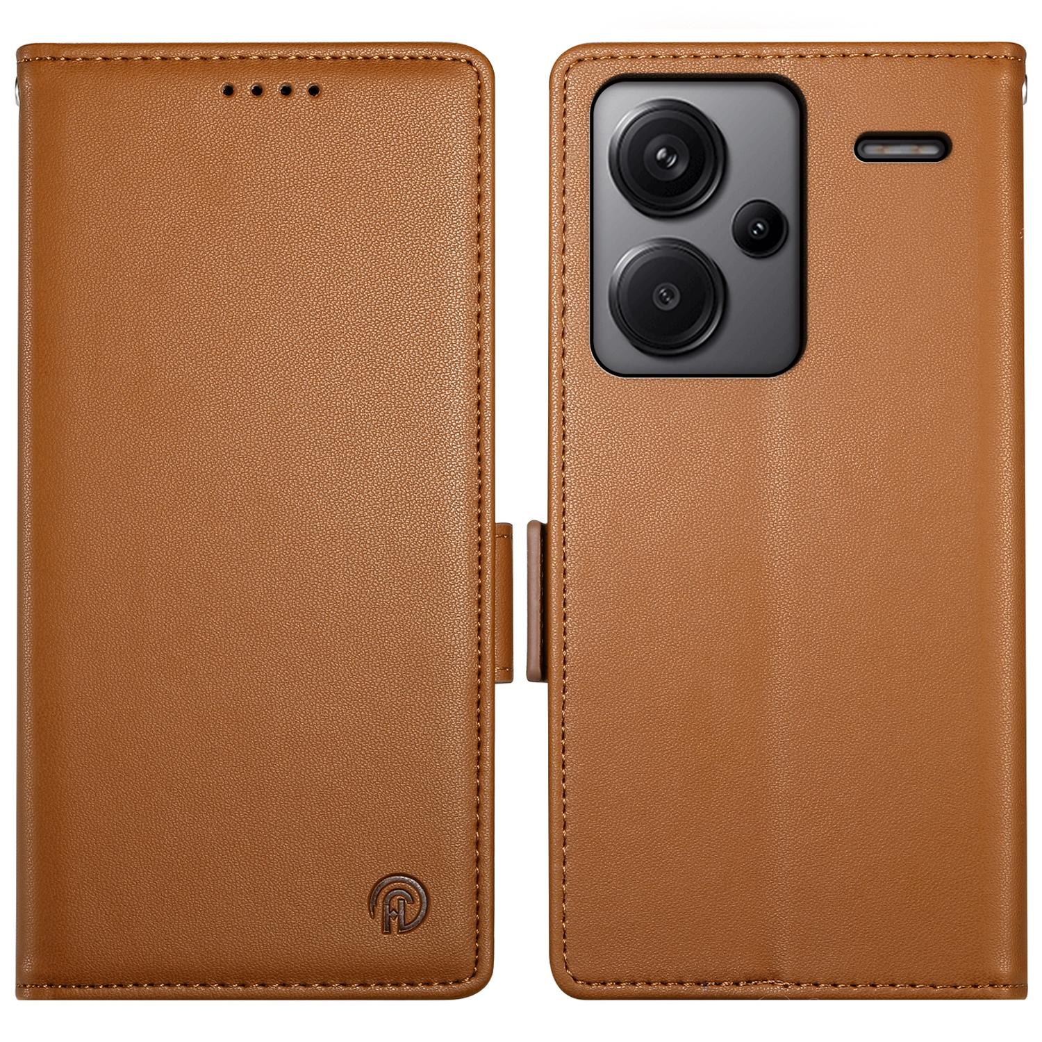 

DF-010 For Xiaomi Redmi Note 13 Pro+ 5G Leather Case Side Magnetic Clasps Phone Wallet Cover Brown