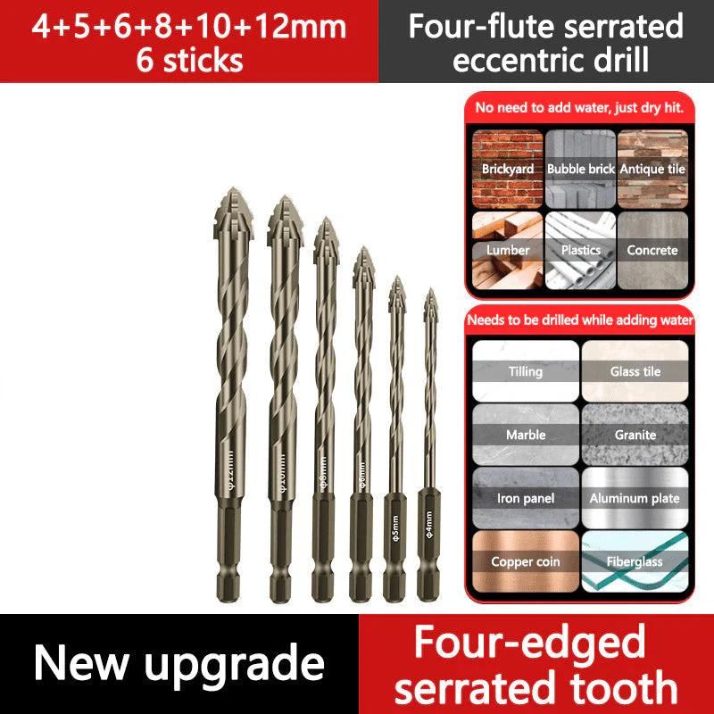 High-Strength 4-Flute Serrated Eccentric Drill Bit Dry Drilling For Ceramic Tile/Glass/Marble Concrete Hex Skewed Head Drill Bit