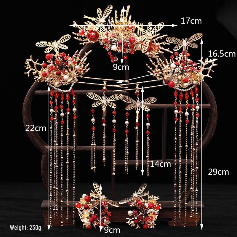 Tuanming Chinese Bridal Xiuhe Dress Phoenix Crown Headdress with Red Tassels