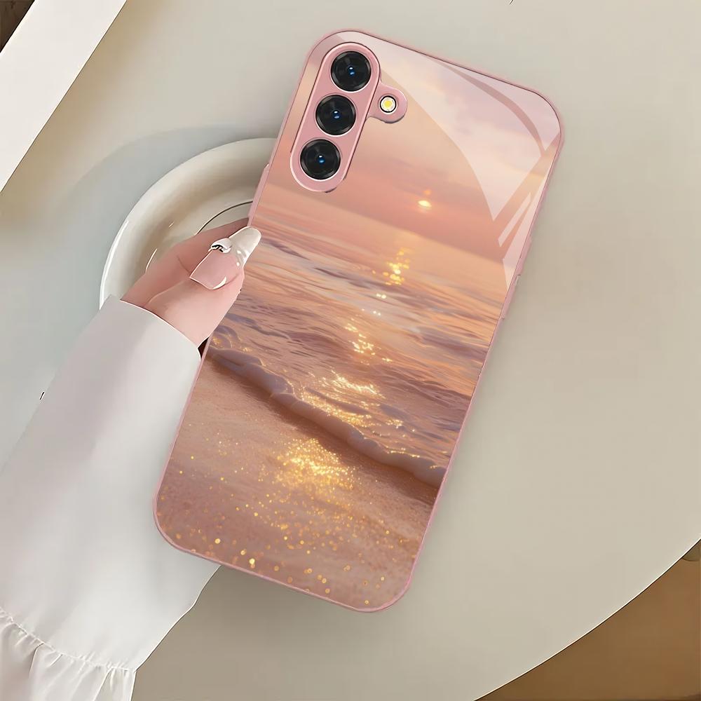 Pink beach design glass phone case suitable for Samsung Galaxy S26 S25 S24 S23 S22 S20 FE/Ultra/Plus shockproof back cover