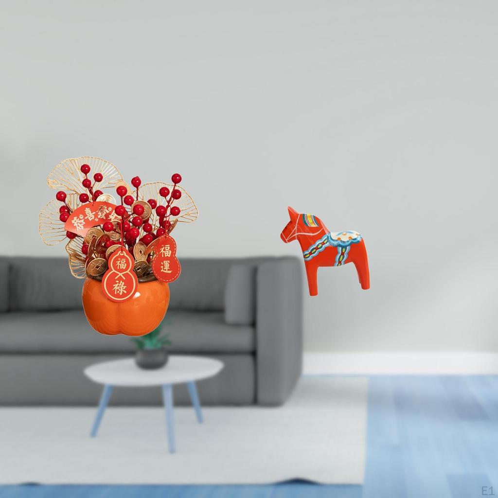 Chinese Year Artificial Flower Bonsai And Swedish Dala Horse Figurine Sculpture for Spring