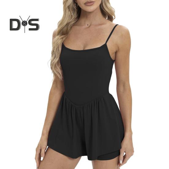 Women's Sleeveless Tennis Dress Summer Pleated Yoga Workout Mini Dresses with Built-in Shorts Spaghetti Strap Athletic Romper Short Sundress
