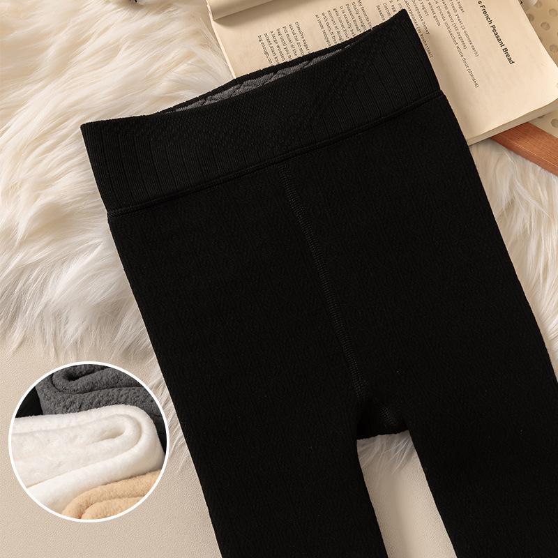 Girls' Autumn/Winter Thickened Velvet-Lined Cable Knit Leggings with Waist Protection
