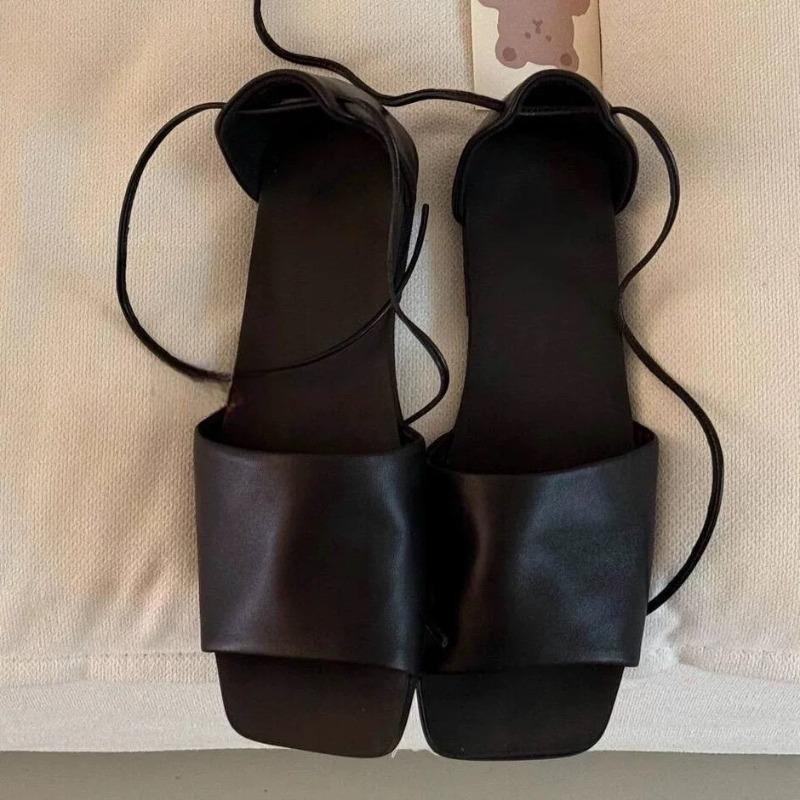 Hochwertiges Schaffellleder Damen Sandale Offene Zehenpartie Quadratische Spitze Elastische Flache Sandalen Designer Sommer Casual Hausschuhe Schuhe