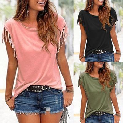 Sommer Frauen Casual Einfarbig Lose Quaste Rundhals Kurzarm T-Shirt Top