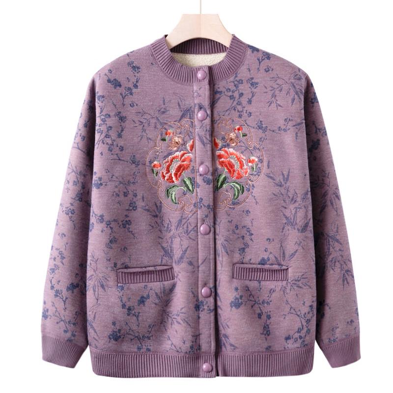Elderly Women's Autumn Winter Fleece-Lined Cardigan Jacket