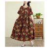 Summer Retro Cotton and Linen Round Neck Short Sleeved Dress, Women's Loose Skirt