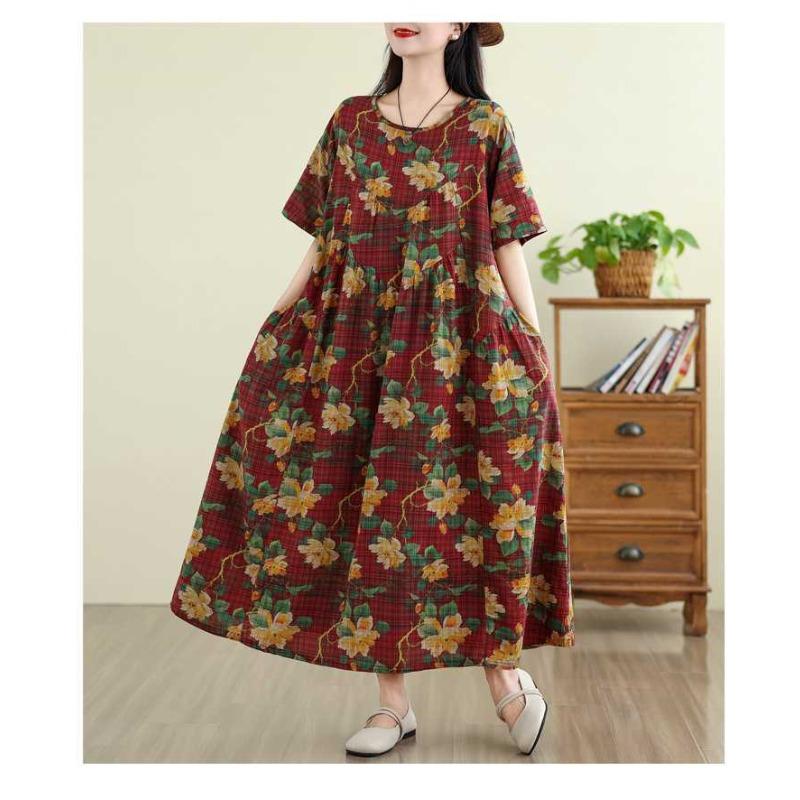 Summer Retro Cotton and Linen Round Neck Short Sleeved Dress, Women's Loose Skirt