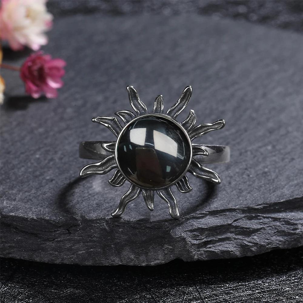 Vintage 925 Sterling Copper Ring Natural Black Onyx Ring Oval Round Stone Retro Fine Zircon Gift Sun Shaped For Women Men