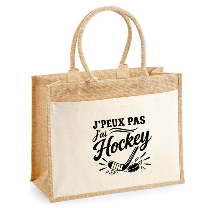 Sac cabas - PLANETEE - J’peux pas j’ai Hockey (minimaliste) - Toile de jute et coton - 21 L - Illustration au trait