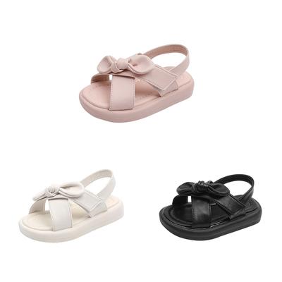 Sandalias de verano para niñas, sandalias de playa de moda de Color sólido, zapatos de princesa para niños, Sandalias de tacón plano suaves con lazo para niñas pequeñas
