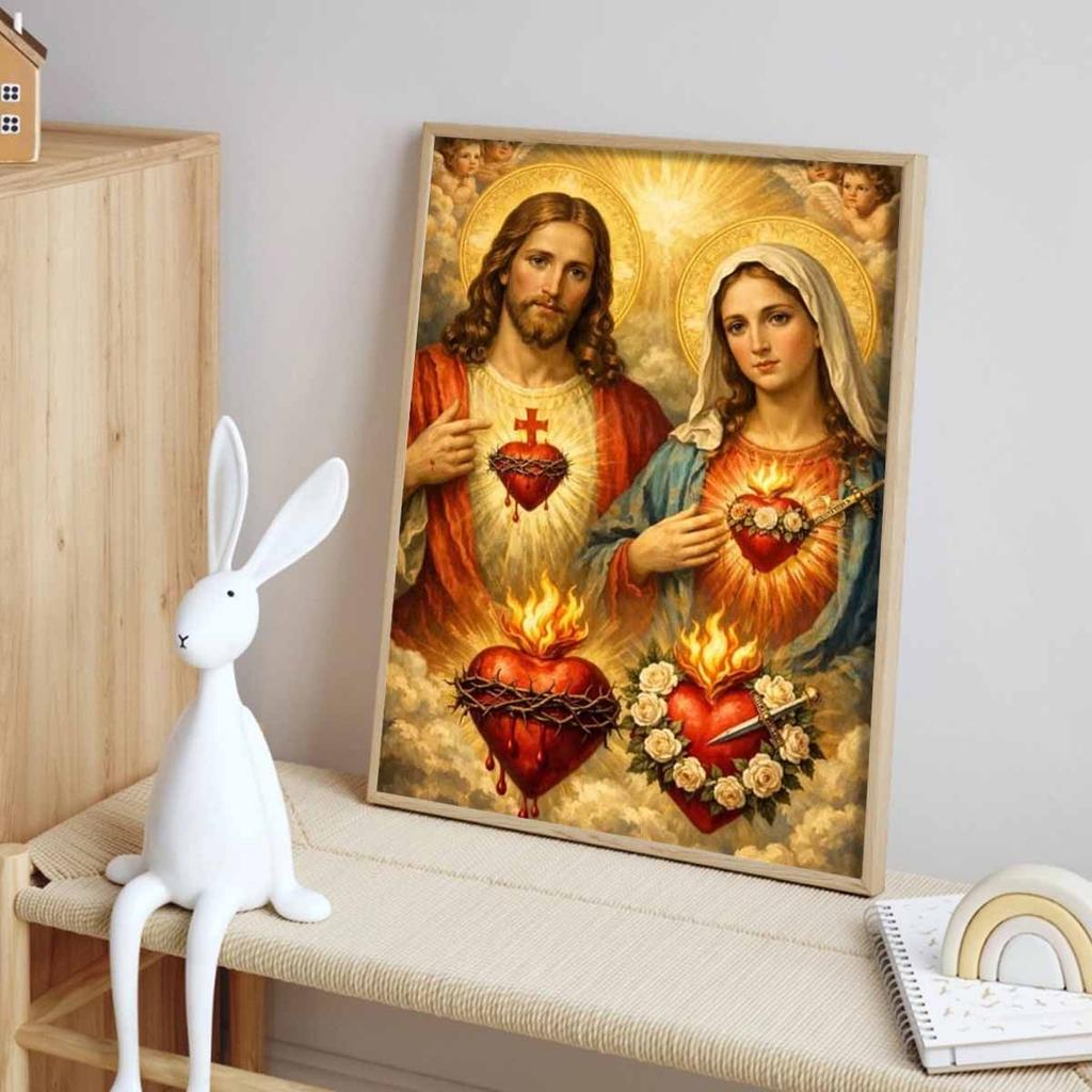 Set Pittura Diamante Fai da Te 5D Diamante Pieno Gesù e Maria Sacro Cuore Religioso Artigianato per Decorazione Parete Casa
