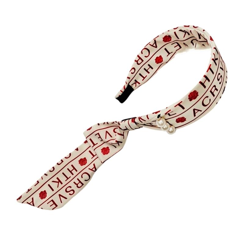 

French Style Hairband Feature Fabric Ribbon Scarf Pearls Accent And English Letter Design Wide For Women бежевий