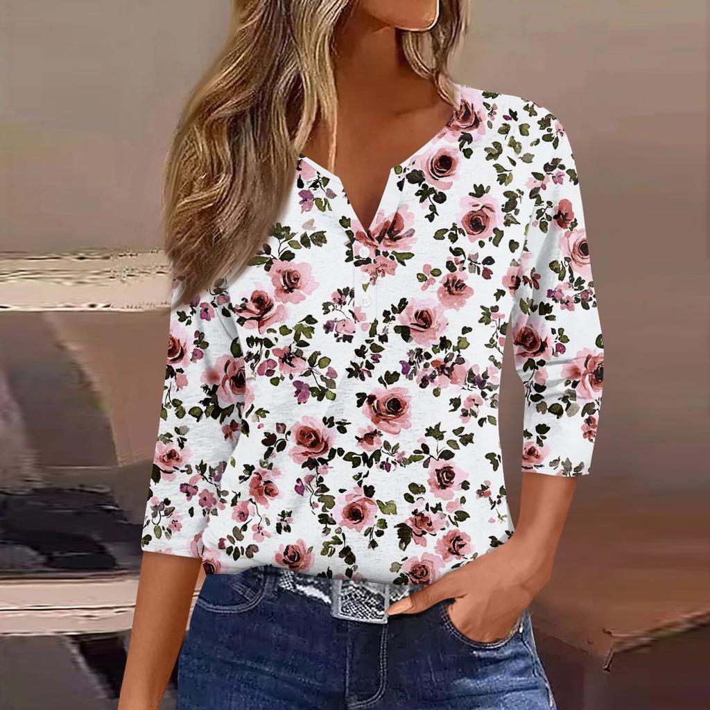 Damska koszulka z nadrukiem na guziki, rękaw 3/4, codzienna, weekendowa, modna, podstawowa, dekolt w serek, regularny top