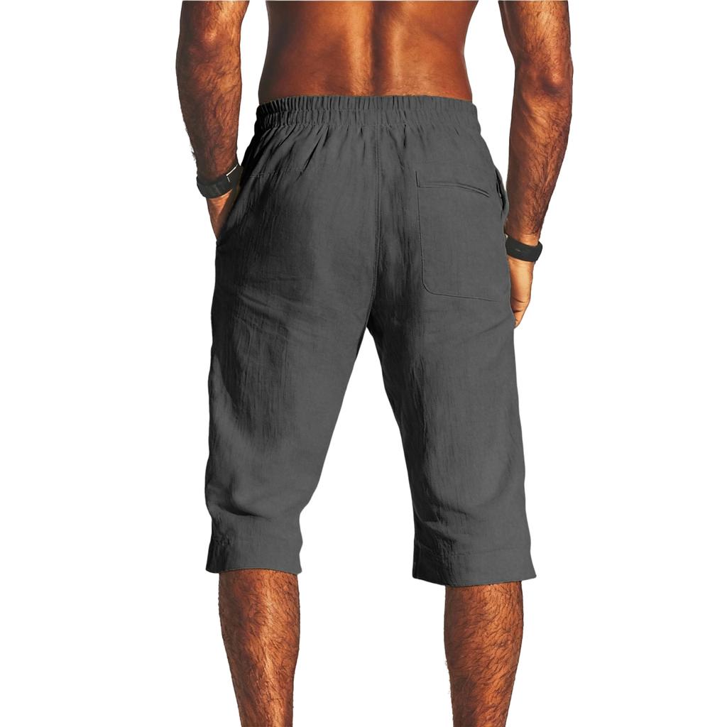 Men's -color Casual Cotton And Linen Loose-fitting Seven-inch Shorts