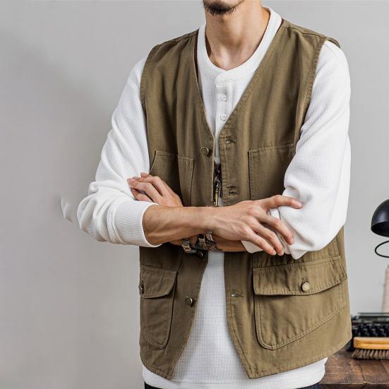 Jarní podzimní rybářská vesta Jednobarevné Kapsy Bez rukávů Výstřih do V Korejský styl Volná vesta pro outdoor