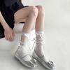 Japanischer Stil Schimmerndes Netz Spleißende Gerippte Über die Wade Socken für Damen Mädchen Niedliche Schleife Schleifenknoten Lange Strümpfe
