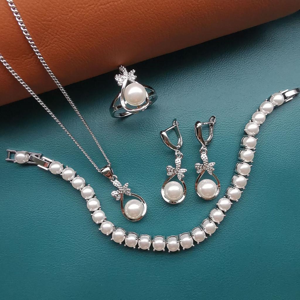 Koreanischer Stil Mode Heißer Verkauf Einfaches Perlenhalsketten-Ohrring-Set Brautschmuck-Set