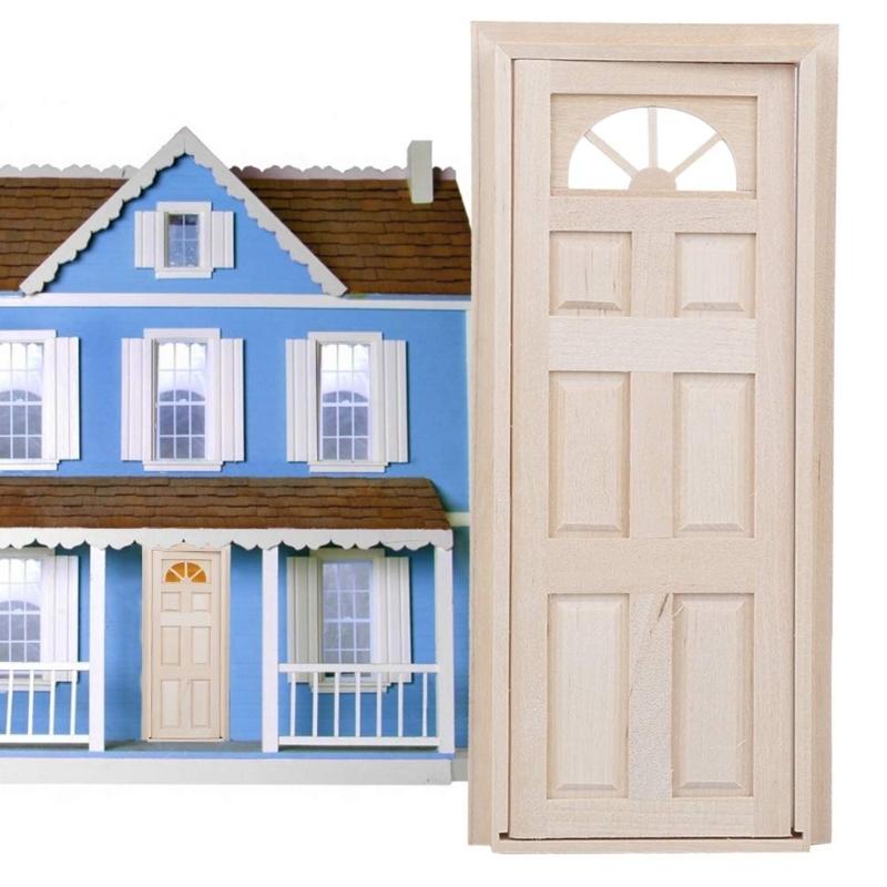 Rural Farmhouse Styles Unpainted Wood Door with Semicircular Sun Window for 1/12 Scale Doll House Scene Arrangement