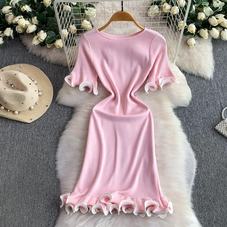2026 Summer European French Slim Knit Dress – Short Sleeve Round Neck, Hip Wrap Skirt for Women