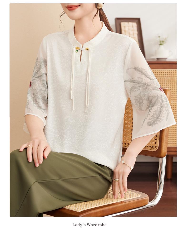Mom's Stylish Chinese Stand Collar Chiffon Top for Spring/Summer - Seven-Sleeve Blouse for Middle-Aged & Elderly Women