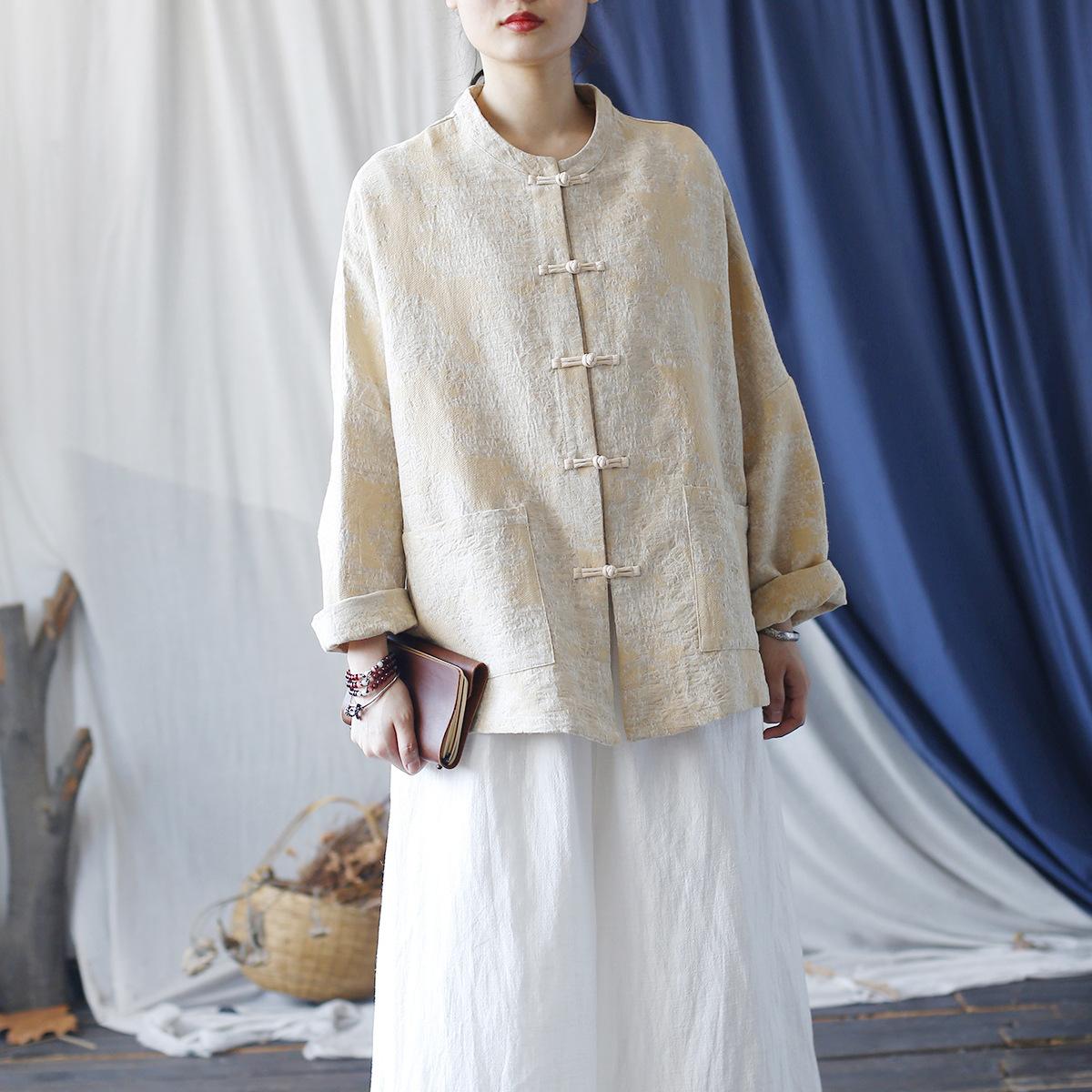 

Женские винтажные жаккардовые рубашки Johnature, топы с длинными рукавами и пуговицами, лоскутные карманы, блузки, весенние рубашки One Size бежевый