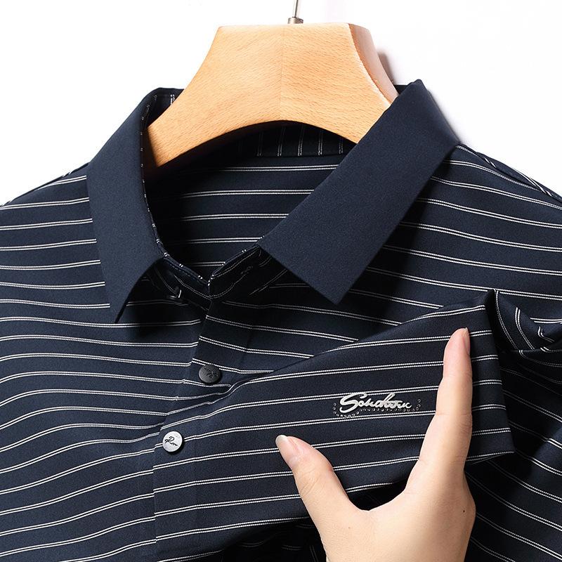 

Осенняя новая мужская футболка с длинным рукавом, мужская свободная рубашка в полоску с лацканами среднего возраста, бесшовная рубашка для папы, мужская одежда 4XL