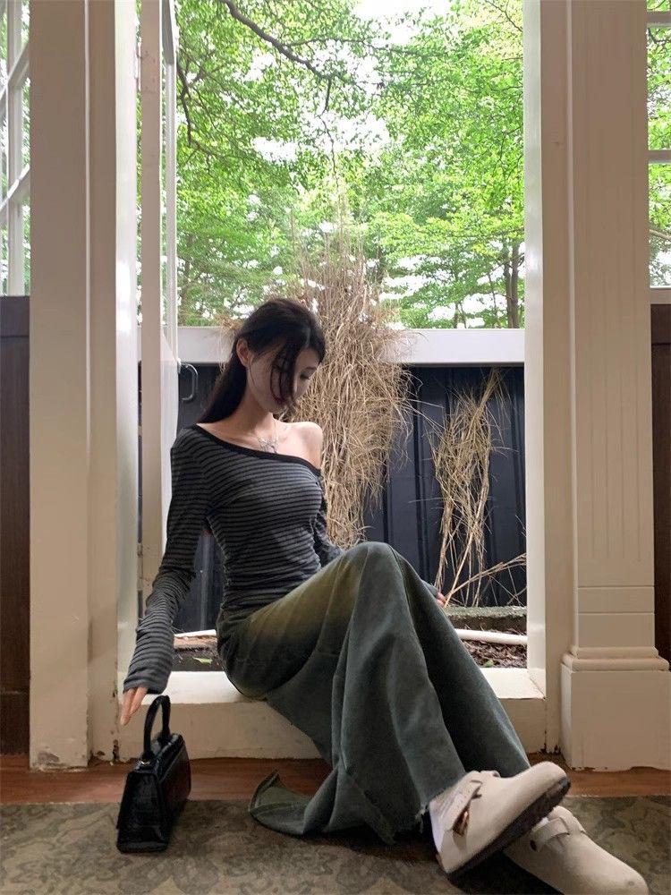 Korean Chic Gray Striped Off-Shoulder Slim-Fit Women's T-Shirt